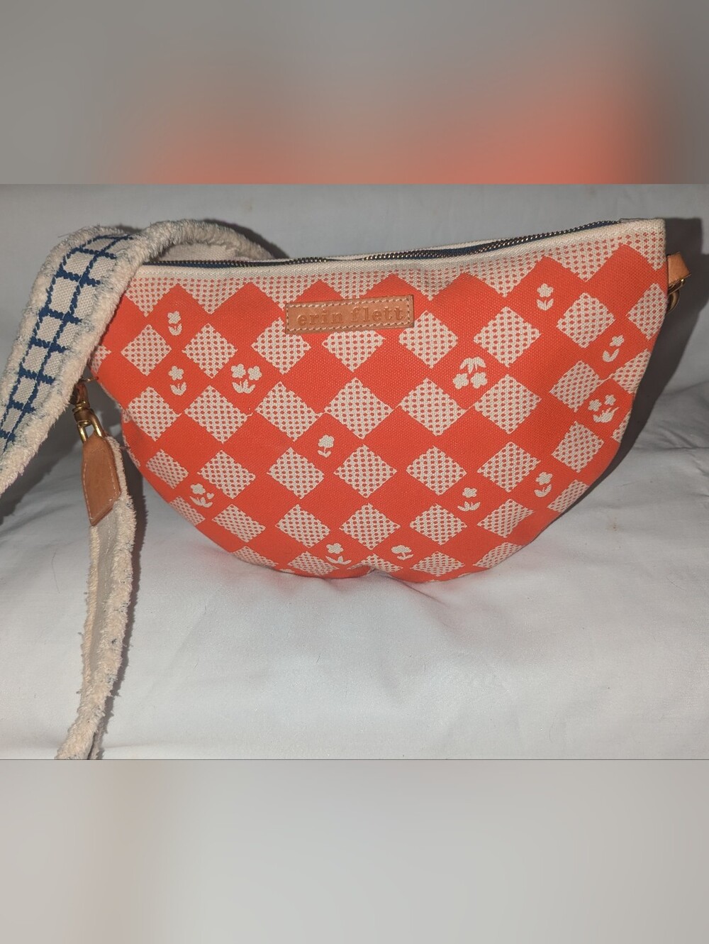 Erin Flett Canvas Crescent Crossbody Bag With Blue Grid Strap.